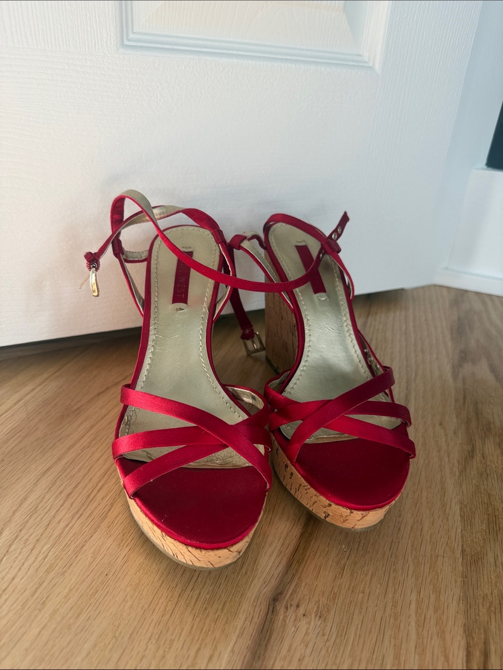 Red Satin Cork Platform Sandals - Women